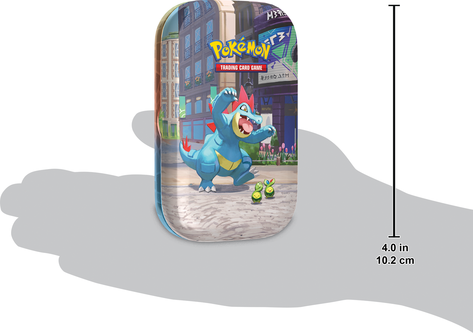 Formaatindicatie van de Feraligatr Mini Tin in een hand ter referentie van de grootte.