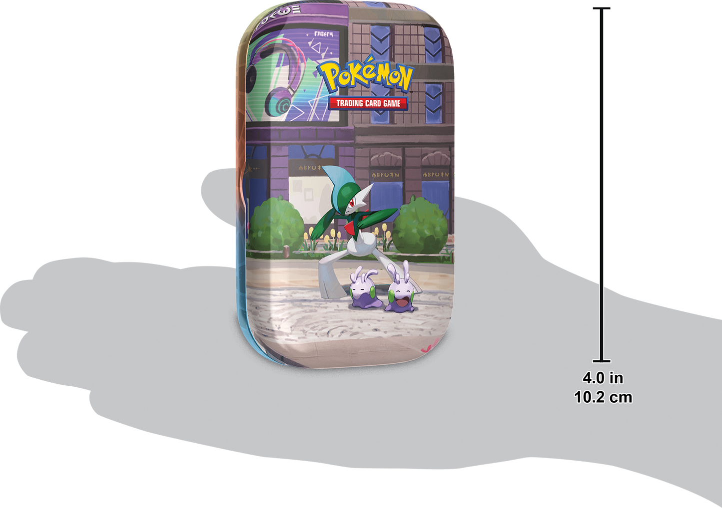 Formaatvergelijking van de Gallade Mini Tin in een hand ter referentie van de grootte.