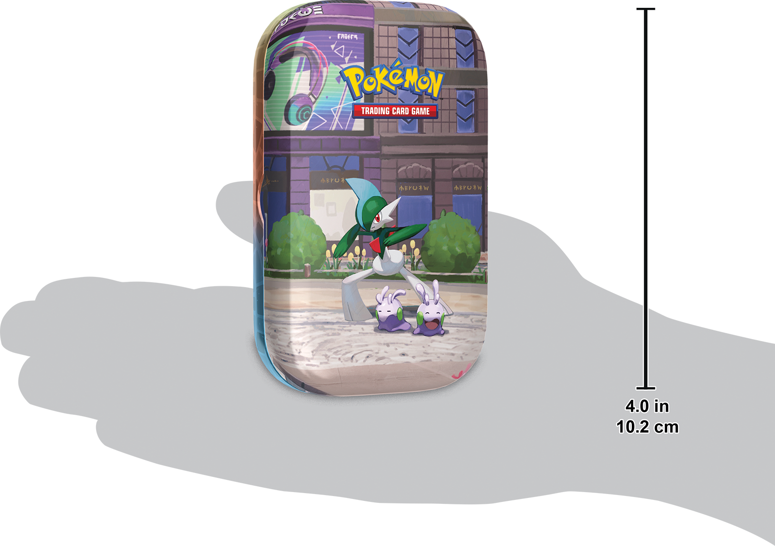 Formaatvergelijking van de Gallade Mini Tin in een hand ter referentie van de grootte.