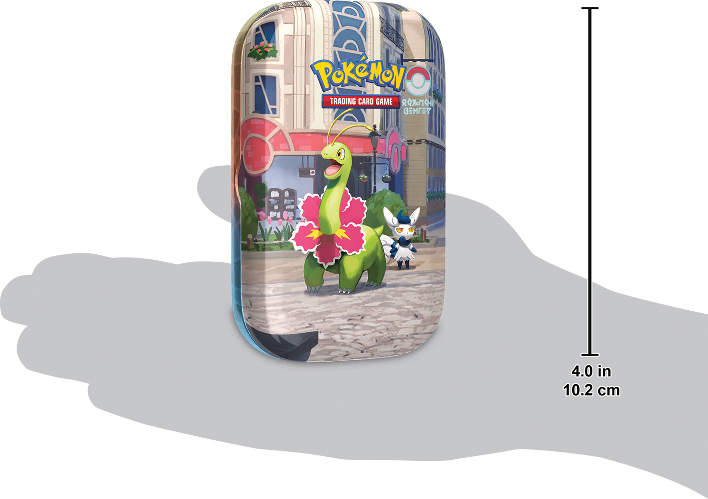 Formaatindicatie van de Meganium Mini Tin in een hand ter referentie van de grootte.