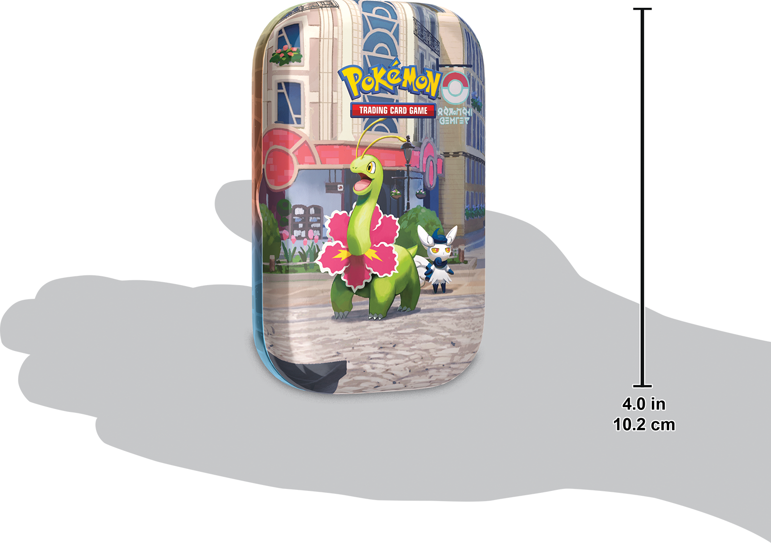 Formaatindicatie van de Meganium Mini Tin in een hand ter referentie van de grootte.