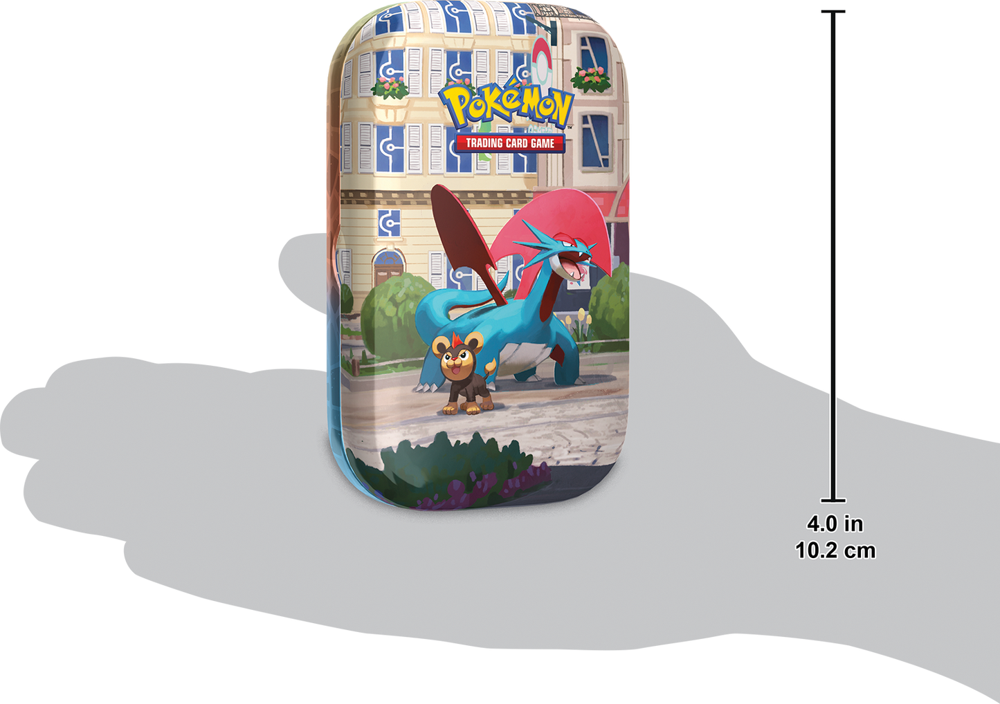 Formaatindicatie van de Pokémon Mini Tin in een hand ter referentie van de grootte.
