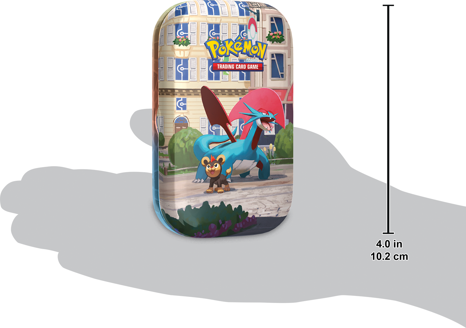 Formaatindicatie van de Pokémon Mini Tin in een hand ter referentie van de grootte.
