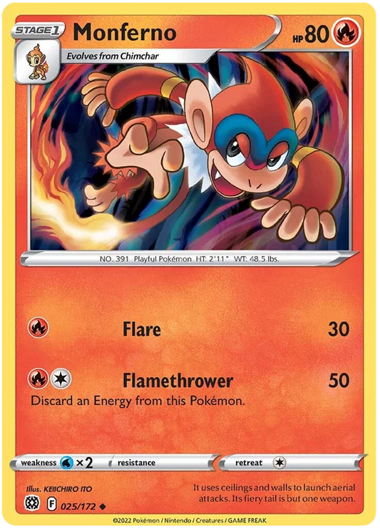 Monferno #025/172 Pokémon kaart uit de Brilliant Stars set met Flare en Flamethrower aanval