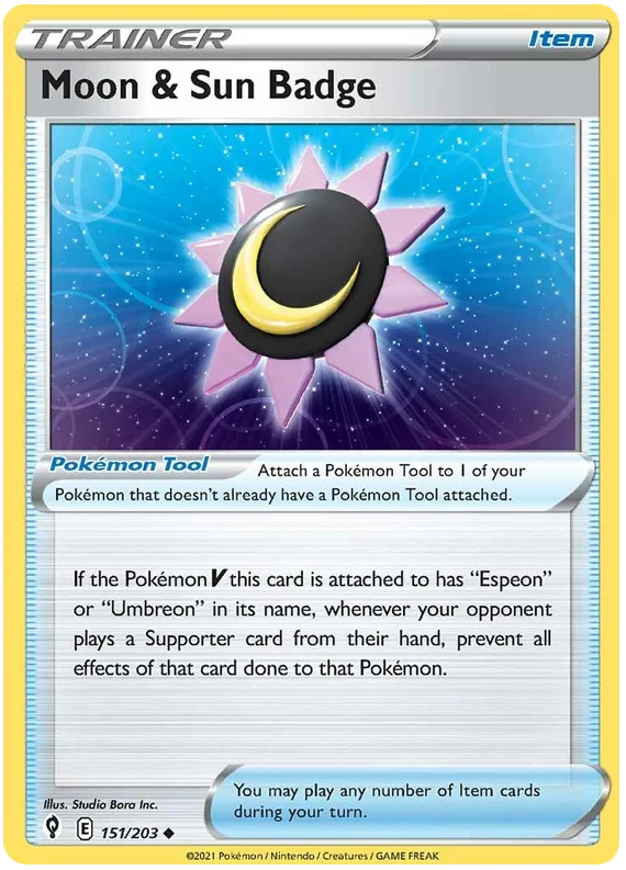 Moon & Sun Badge trainerkaart 151/203 uit de Pokémon Evolving Skies set