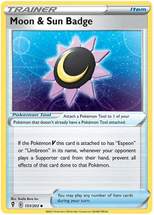 Moon & Sun Badge trainerkaart 151/203 uit de Pokémon Evolving Skies set