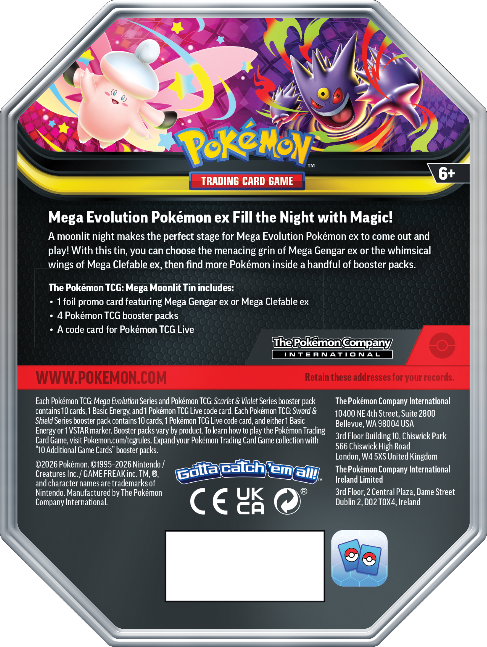 Achterzijde van de Mega Clefable ex Tin met officiële productinformatie en inhoudsdetails.