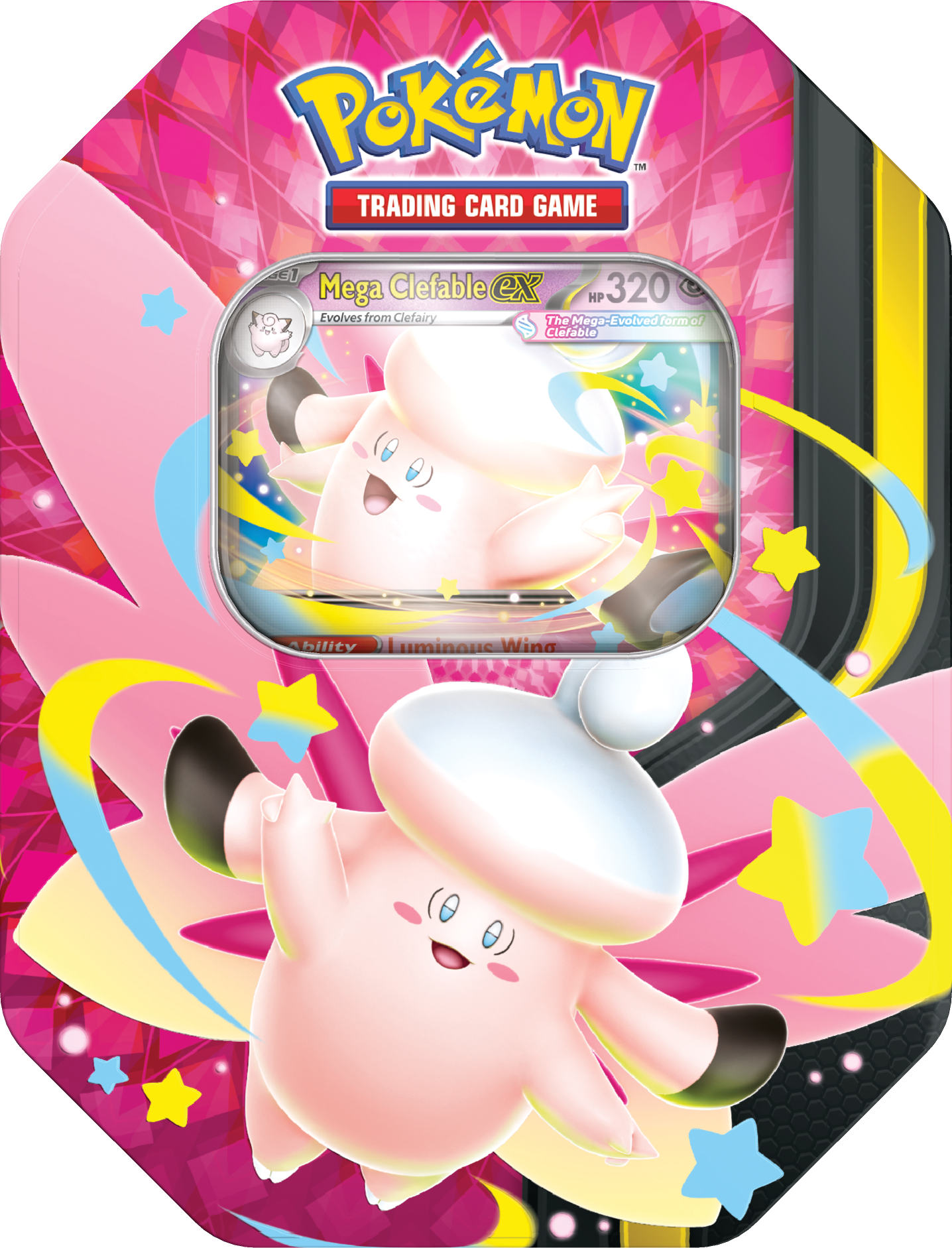Vooraanzicht van de roze-paarse Pokémon Moonlit ex Tin met de Mega Clefable ex promo kaart zichtbaar in het venster.