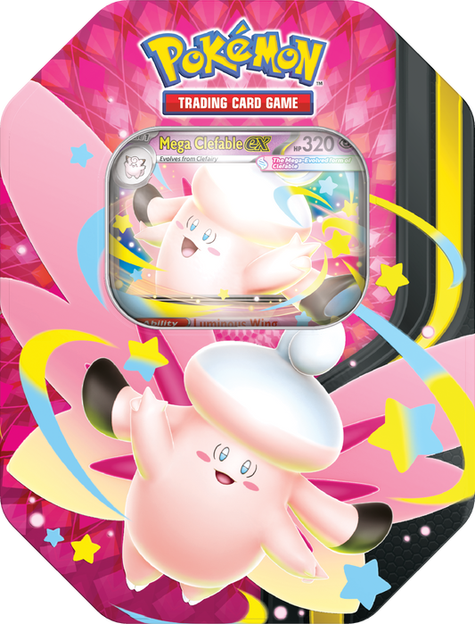 Vooraanzicht van de roze-paarse Pokémon Moonlit ex Tin met de Mega Clefable ex promo kaart zichtbaar in het venster.