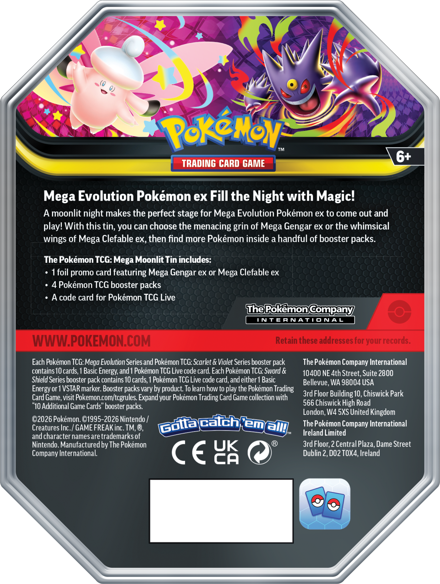 Achterzijde van de Mega Gengar ex Tin met productinformatie en officiële Pokémon TCG logo's.