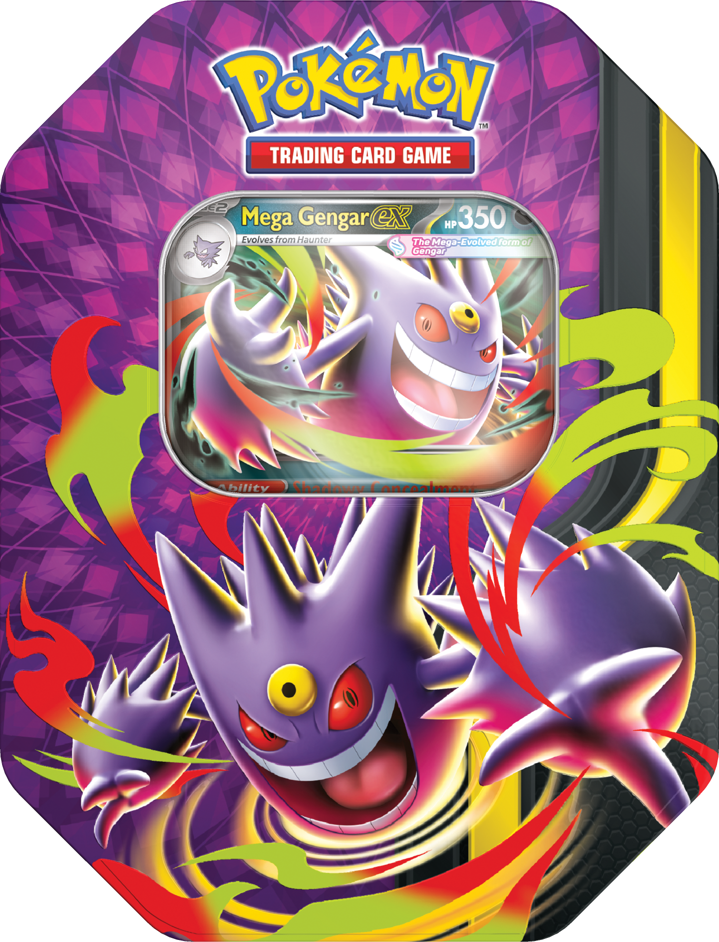 Vooraanzicht van de paarse Pokémon Moonlit ex Tin met de Mega Gengar ex promo kaart zichtbaar.