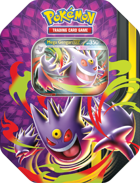 Vooraanzicht van de paarse Pokémon Moonlit ex Tin met de Mega Gengar ex promo kaart zichtbaar.