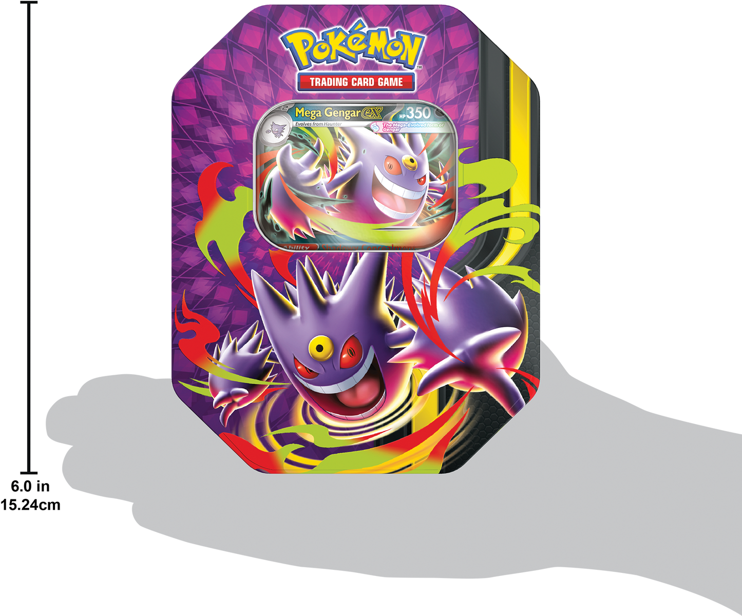 Formaatvergelijking van de Mega Gengar ex Tin in een getekende hand om de schaal weer te geven.