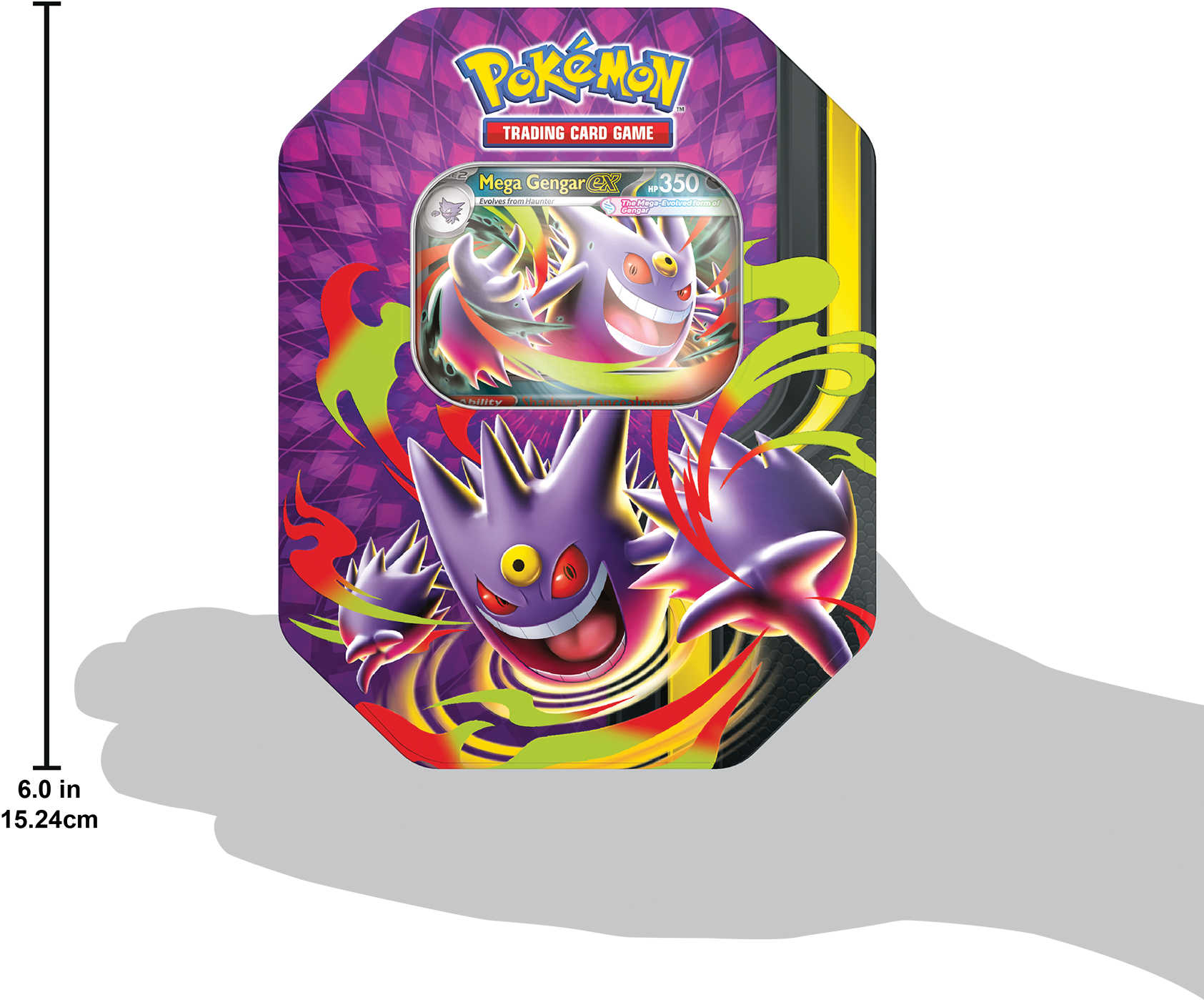 Formaatvergelijking van de Mega Gengar ex Tin in een getekende hand om de schaal weer te geven.