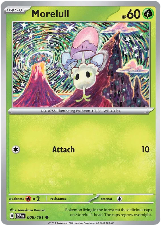 Morelull common Pokémonkaart nummer 008 uit de Surging Sparks set