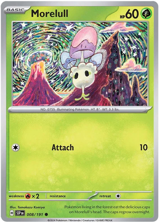 Morelull common Pokémonkaart nummer 008 uit de Surging Sparks set
