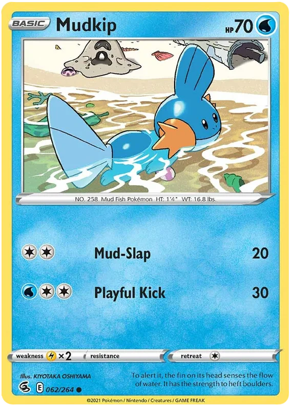 Pokémon Mudkip common kaart 062/264 uit de Fusion Strike set met Mud-Slap en Playful Kick aanval