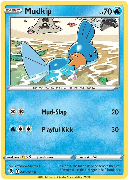 Pokémon Mudkip common kaart 062/264 uit de Fusion Strike set met Mud-Slap en Playful Kick aanval