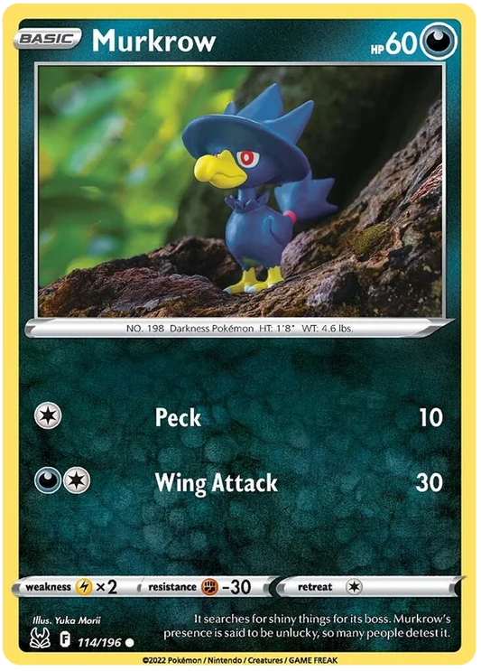 Murkrow common Pokémon kaart #114/196 uit Lost Origin met Peck en Wing Attack