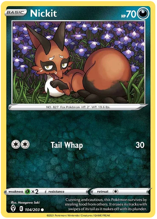 Nickit 104/203 common kaart uit Pokémon Evolving Skies met Tail Whap aanval
