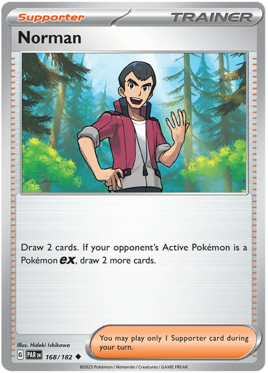 Norman common trainerkaart nummer 168 uit de Pokémon Paradox Rift set