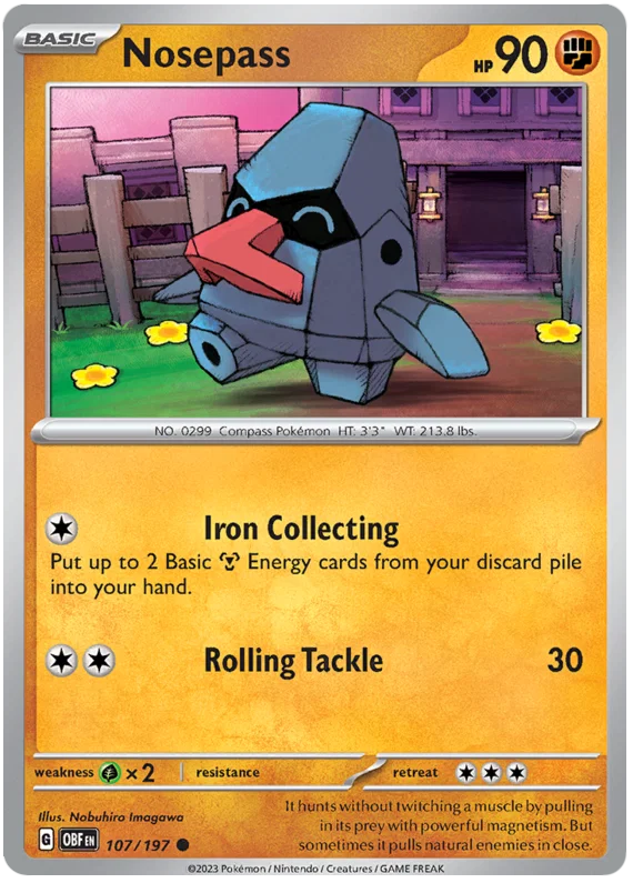 Nosepass common kaart nummer 107 uit de Pokémon Obsidian Flames set