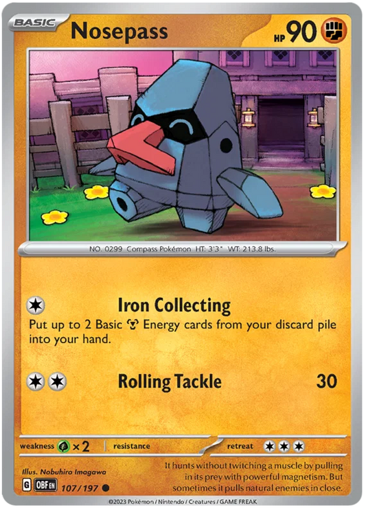 Nosepass common kaart nummer 107 uit de Pokémon Obsidian Flames set