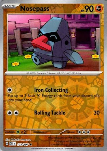 Nosepass Reverse Holo kaart #107 uit de Pokémon Obsidian Flames set