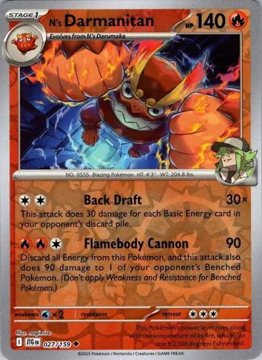 Pokémon N's Darmanitan Reverse Holo kaart #027 uit de Journey Together set
