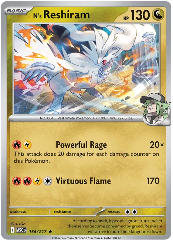 Pokémon N's Reshiram Holo kaart nummer 154 uit de set Ascended Heroes