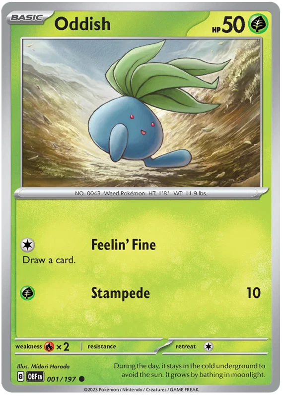 Pokémon Oddish common kaart #001 uit de Obsidian Flames set