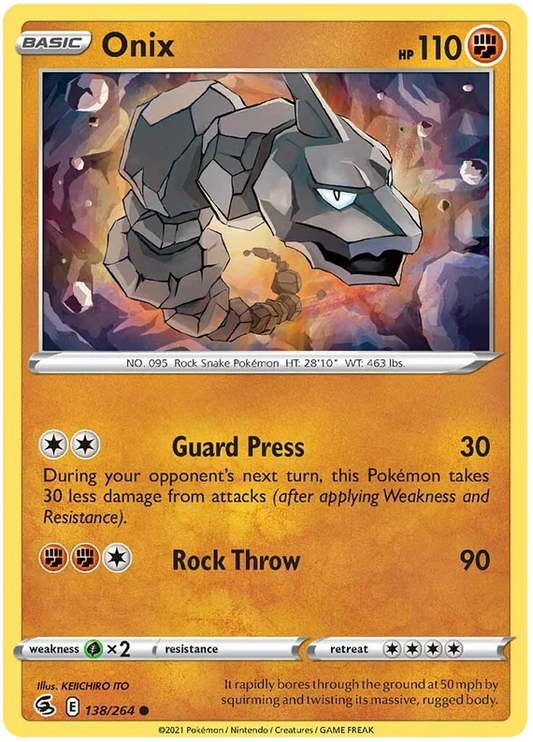 Pokémon Onix common kaart 138/264 uit de Fusion Strike set met Guard Press en Rock Throw