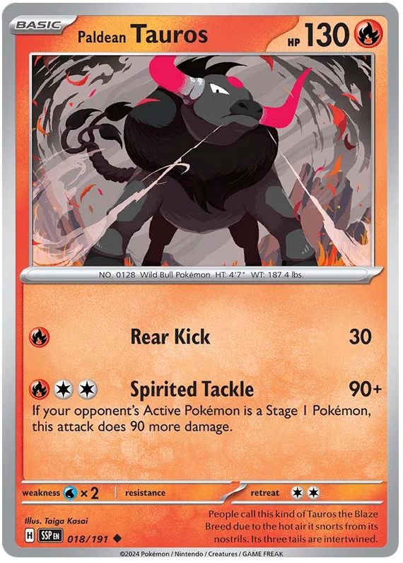 Pokémon Paldean Tauros #018 common kaart uit Surging Sparks