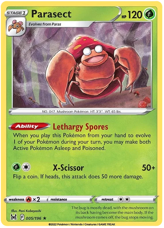 Parasect Pokémon kaart 005/196 uit Lost Origin, common uitvoering met Lethargy Spores en X-Scissor aanval