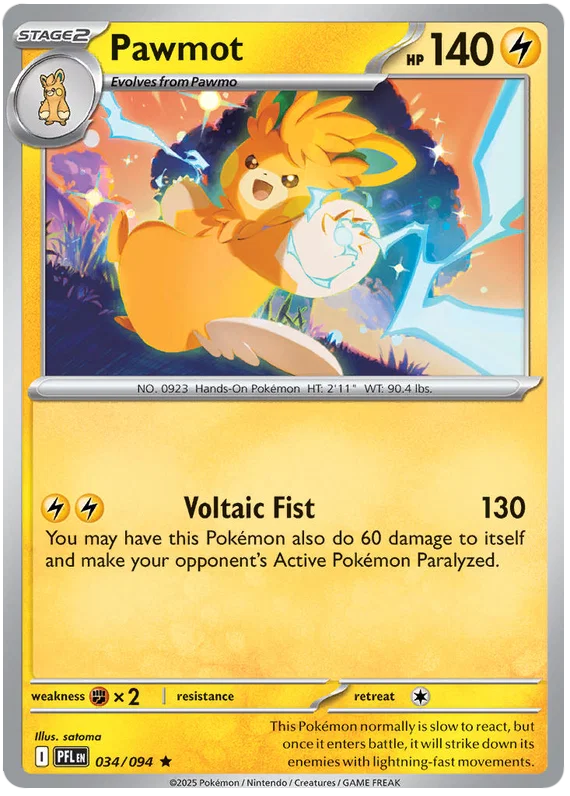 Pawmot Holo kaart #034 uit de Pokémon set Phantasmal Flames met glanzende holo-afwerking