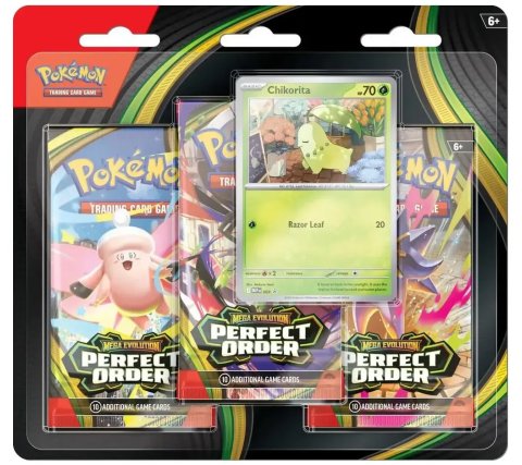 Vooraanzicht van de Pokémon Perfect Order 3-booster blisterverpakking inclusief Chikorita promokaart en munt.
