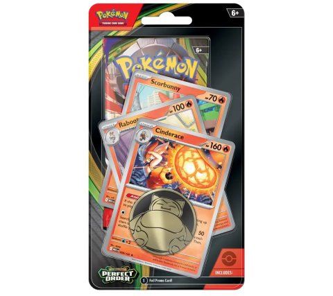 Vooraanzicht van de Premium Checklane Blister met de Cinderace evolutielijn, booster pack en munt.