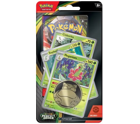 Vooraanzicht van de Premium Checklane Blister met de Meganium evolutielijn, booster pack en munt.