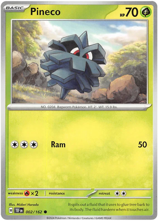 Pineco common kaart #002 uit de Pokémon Temporal Forces set