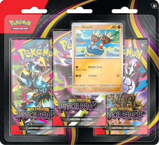 Pokémon TCG Pitch Black 3-Pack Blister inclusief 3 boosters en Binacle promo-kaart.