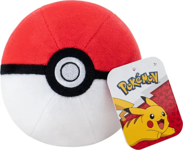 Zachte Pokémon Poké Ball pluche knuffel van 12.5 cm groot met iconische rode en witte details - vooraanzicht