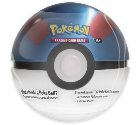 Pokémon Poké Ball Tin 2025 Great Ball met drie booster packs en sticker vellen.