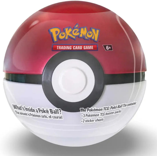 Pokémon Poké Ball Tin 2025 Poké Ball met drie booster packs en sticker vellen.