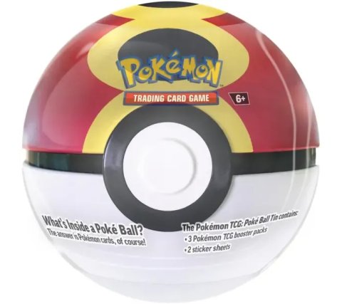 Vooraanzicht van de metalen Pokémon Repeat Ball Tin verzamelbox uit de 2025 serie.