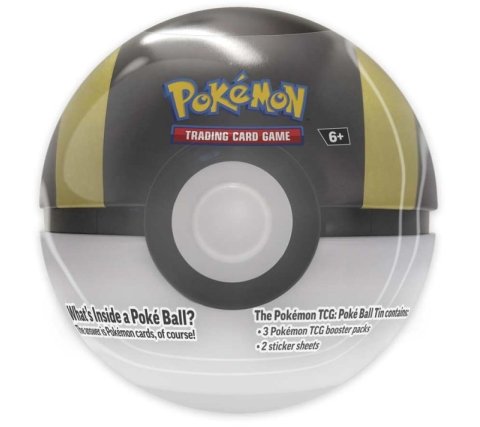 Pokémon Poké Ball Tin 2025 Ultra Ball met drie booster packs en sticker vellen.