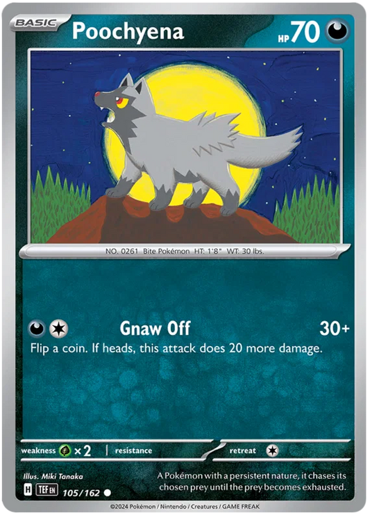 Pokémon Poochyena common kaart nummer 105 uit de Temporal Forces set