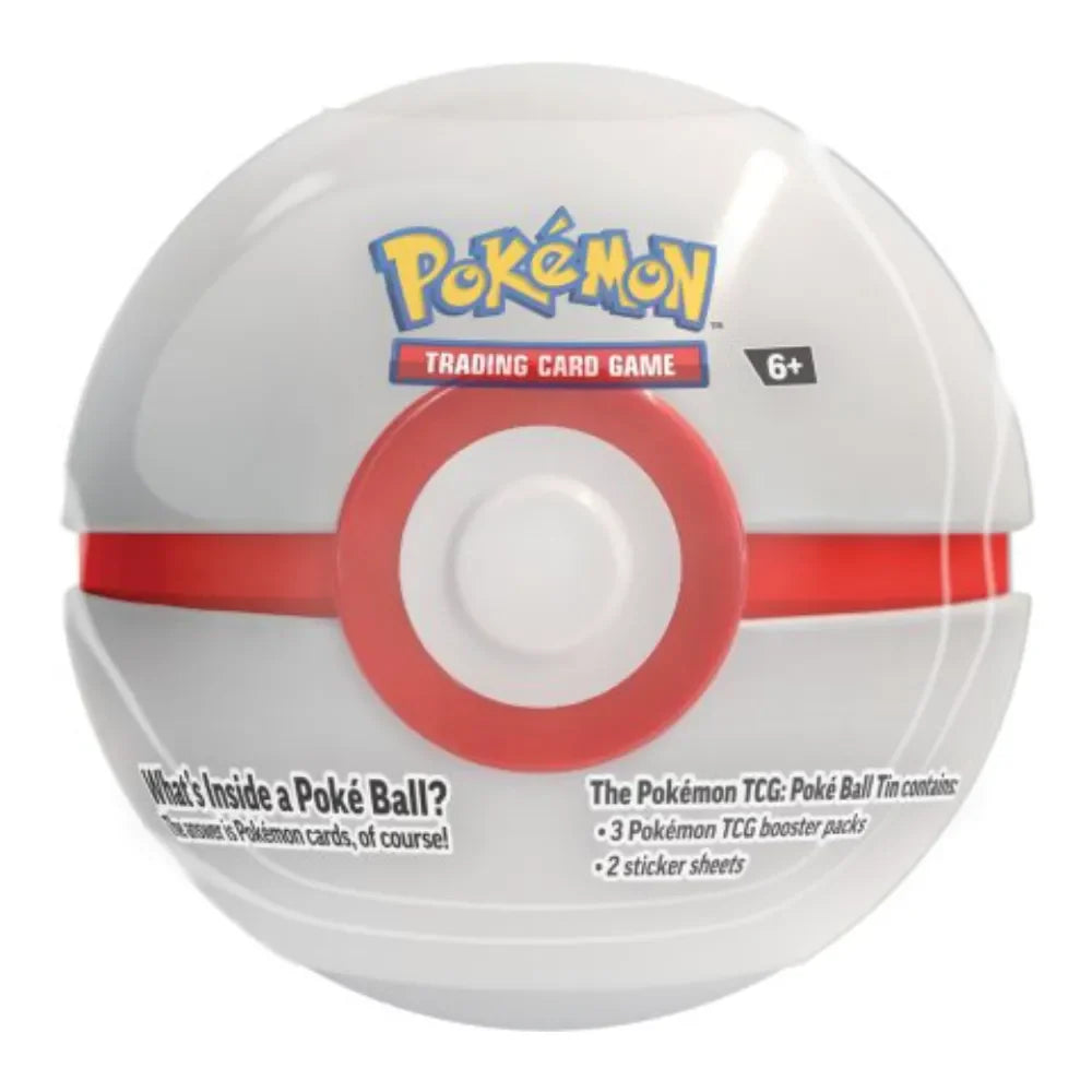 Pokémon Poké Ball Tin 2024 Premier Ball met 3 booster-packs en 2 sticker-vellen.