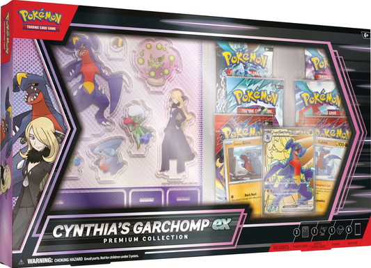 Cynthia’s Garchomp EX Premium Collection met promo kaarten, boosters en Pokémon uit Paradox Rift en Destined Rivals