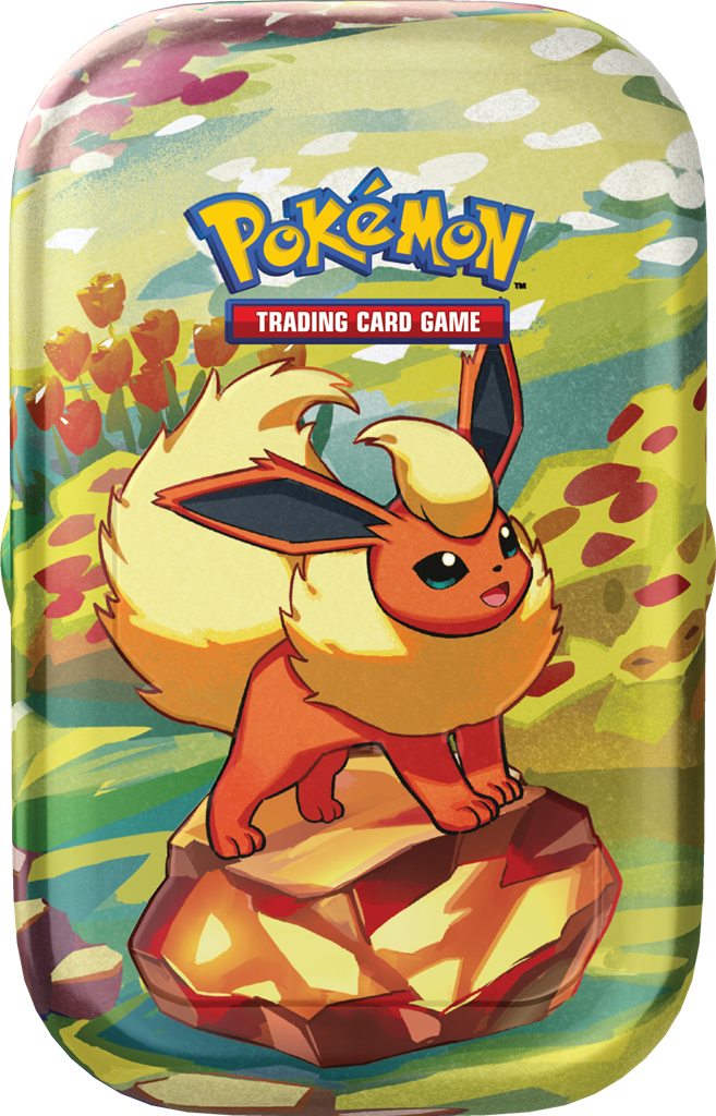 Vooraanzicht van de metalen Pokémon Scarlet & Violet Prismatic Evolutions Mini Tin met artwork van Flareon.