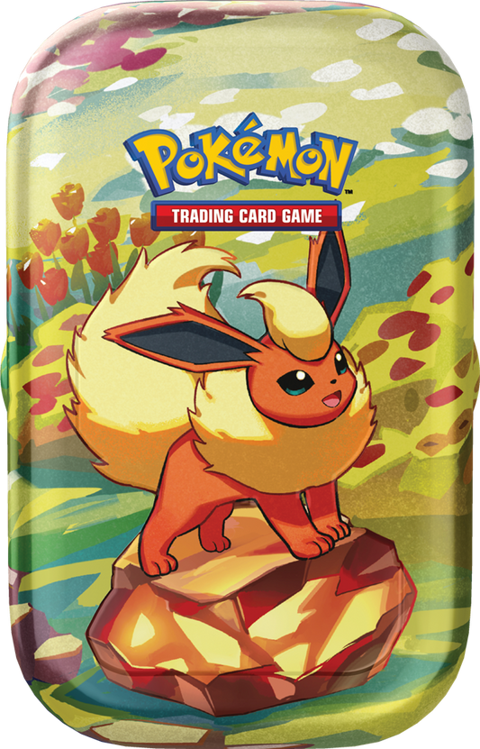 Vooraanzicht van de metalen Pokémon Scarlet & Violet Prismatic Evolutions Mini Tin met artwork van Flareon.